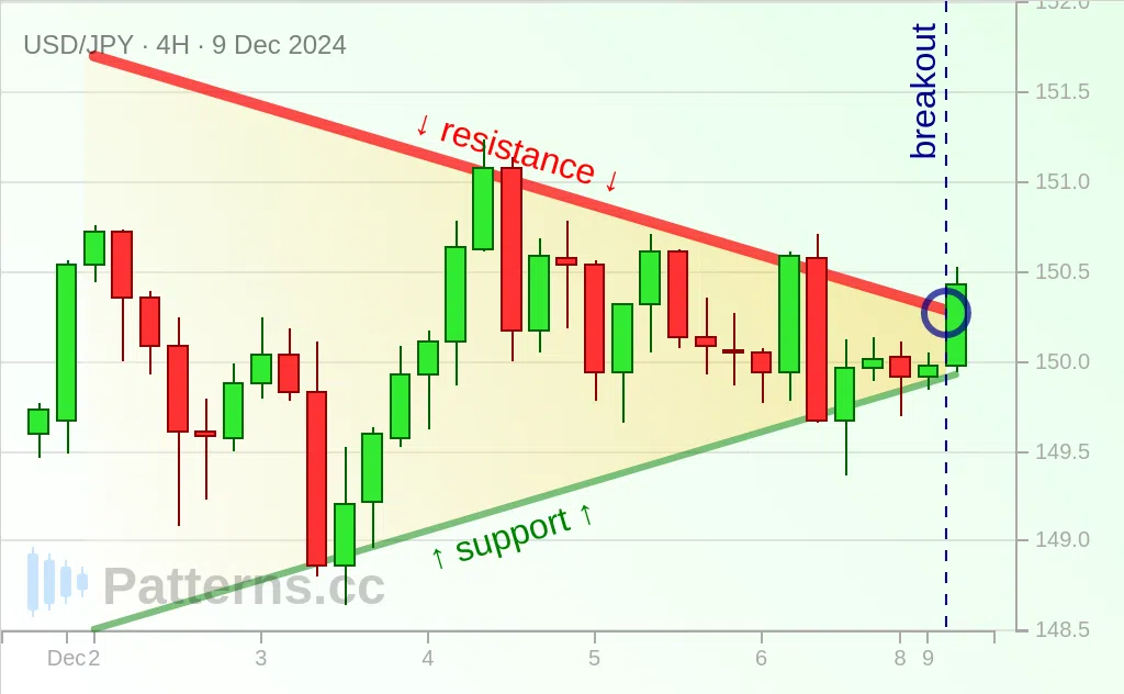 USD/JPY: المثلث المتماثل 09‏/12‏/2024